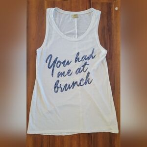 EUC Women's True Craft 'You Had Me At Brunch' White Tank Top with Blue Text